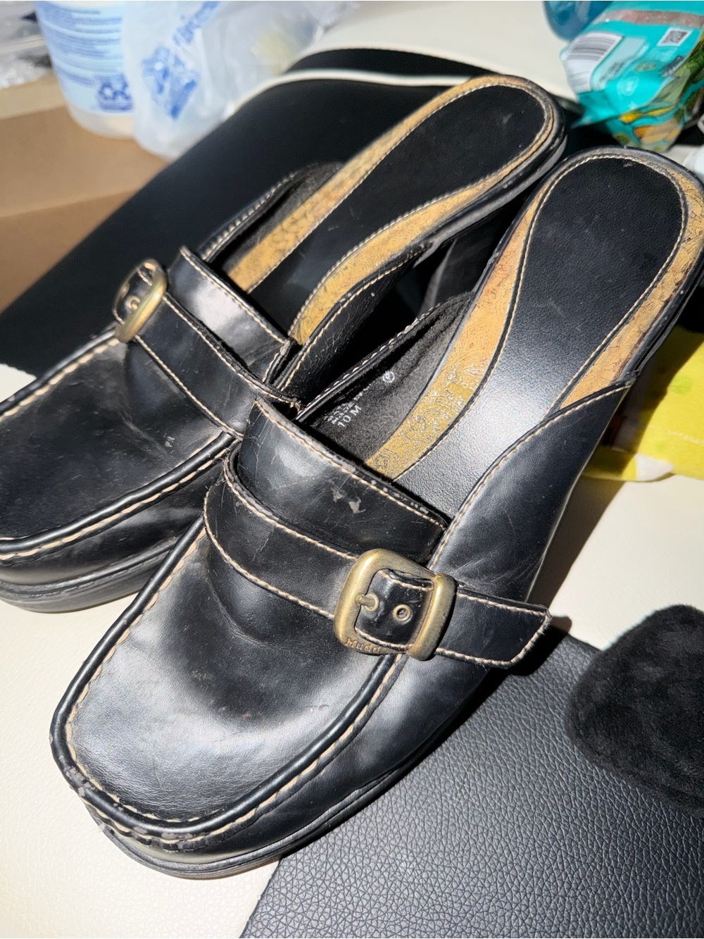 Black Leather Slip-On MUDD with Brass Buckles